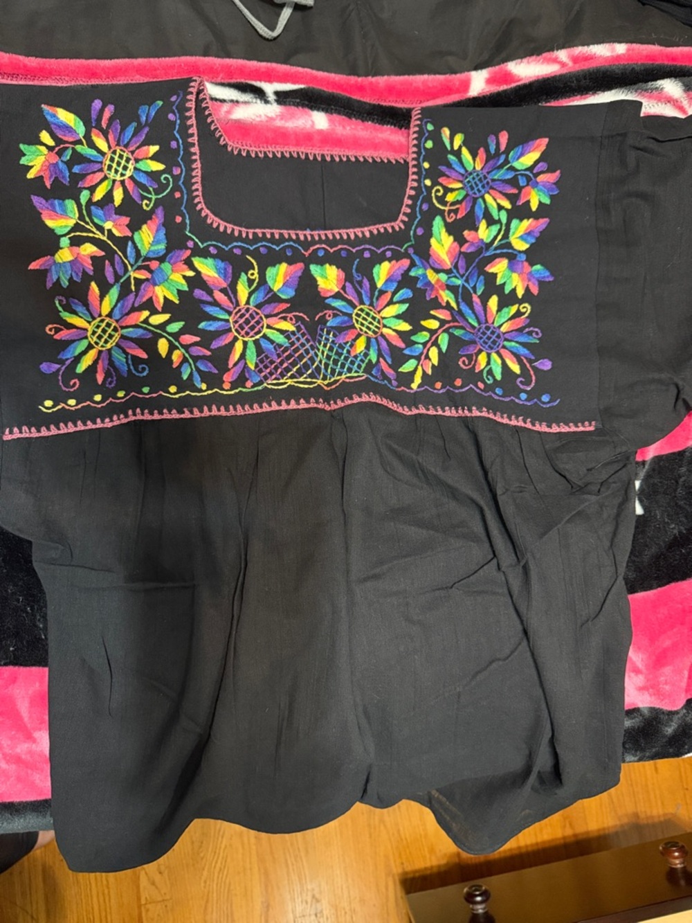 Black Embroidered Floral Peasant Top - Multicolor Flowers